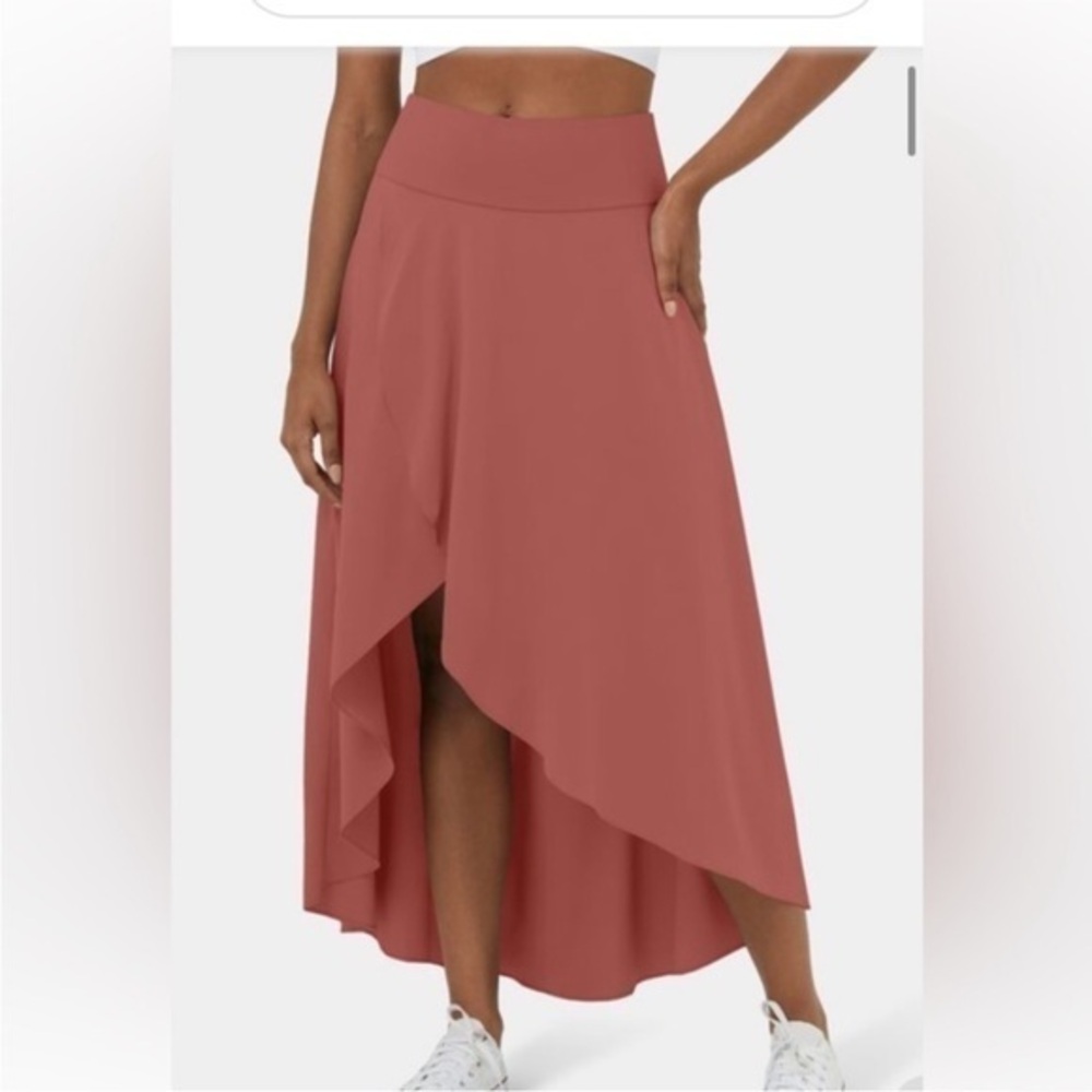New Halara Breezeful Maxi Skirt 2 in 1 Hi Low Ruffle Split Hem Flame Red XL(14)